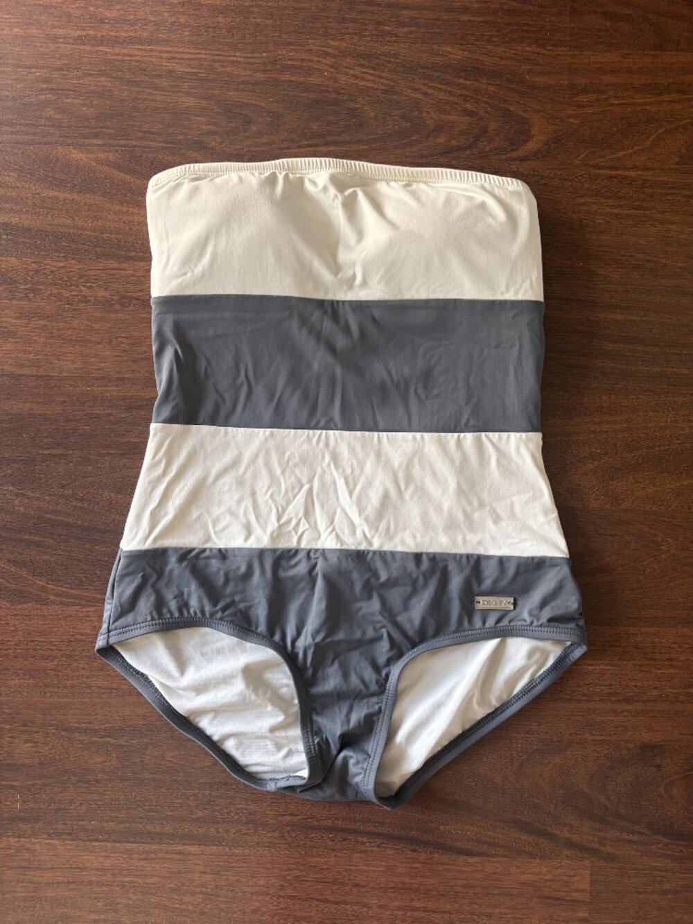 DKNY Swim One Piece Swimsuit Size 10 Strapless Bandeau Colorblock Gray Cream